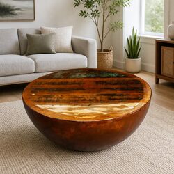 Bowl-Shaped Coffee Table with Reclaimed Wood and Steel Base