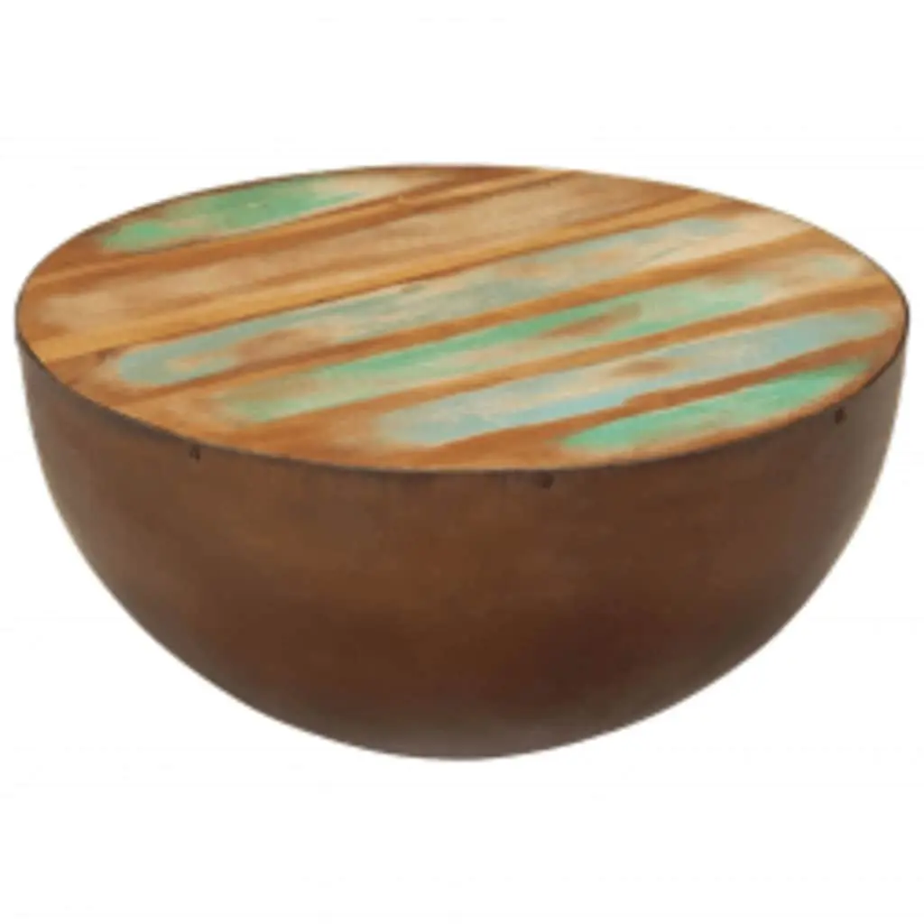 Coffee Table Reclaimed Wood Bowl Shape Antique Brown Steel Base Handmade