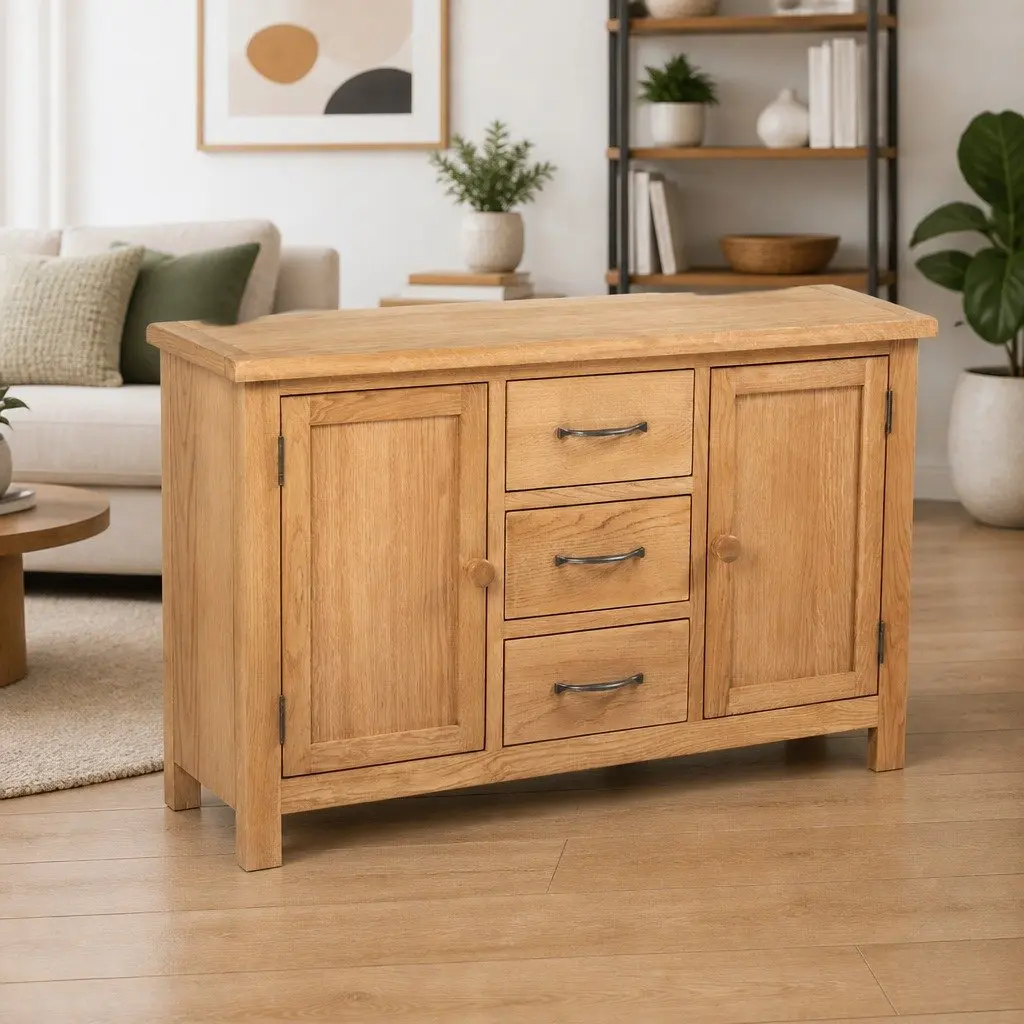 Solid Oak Wooden Sideboard with 3 Drawers and 2 Cupboards