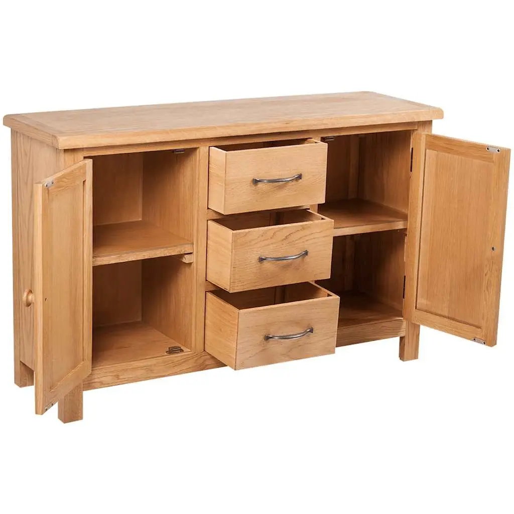 Solid Oak Wooden Sideboard with 3 Drawers and 2 Cupboards