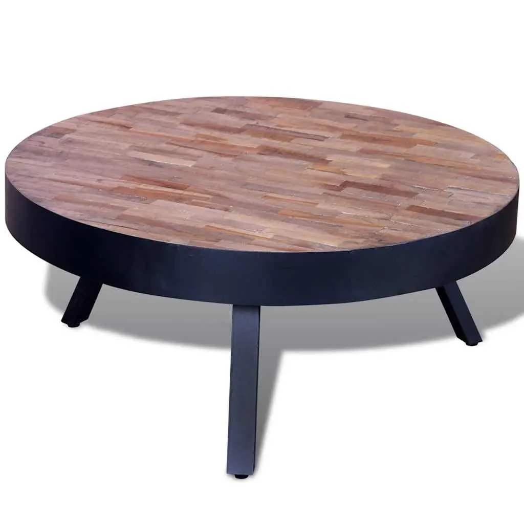 Round Reclaimed Wood Coffee Table Black Accent Living Room Furniture