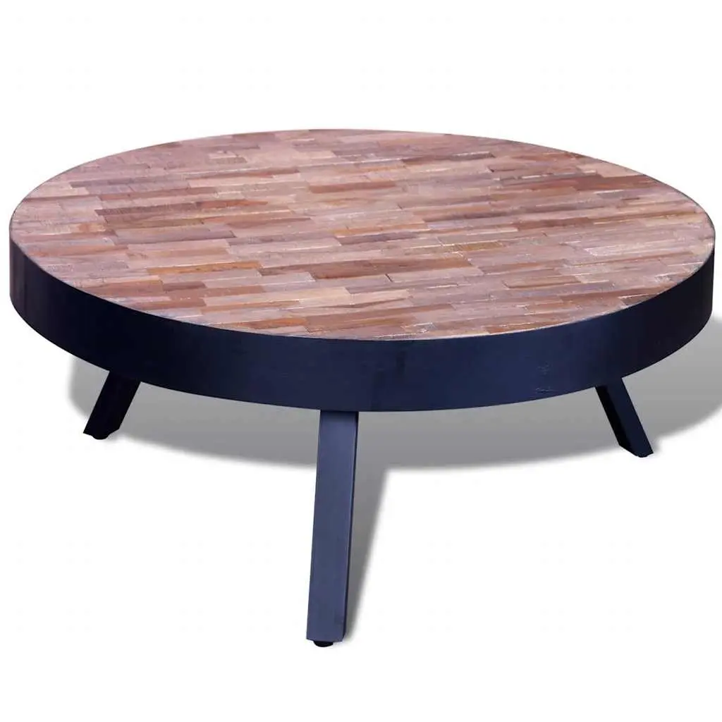 Round Reclaimed Wood Coffee Table Black Accent Living Room Furniture