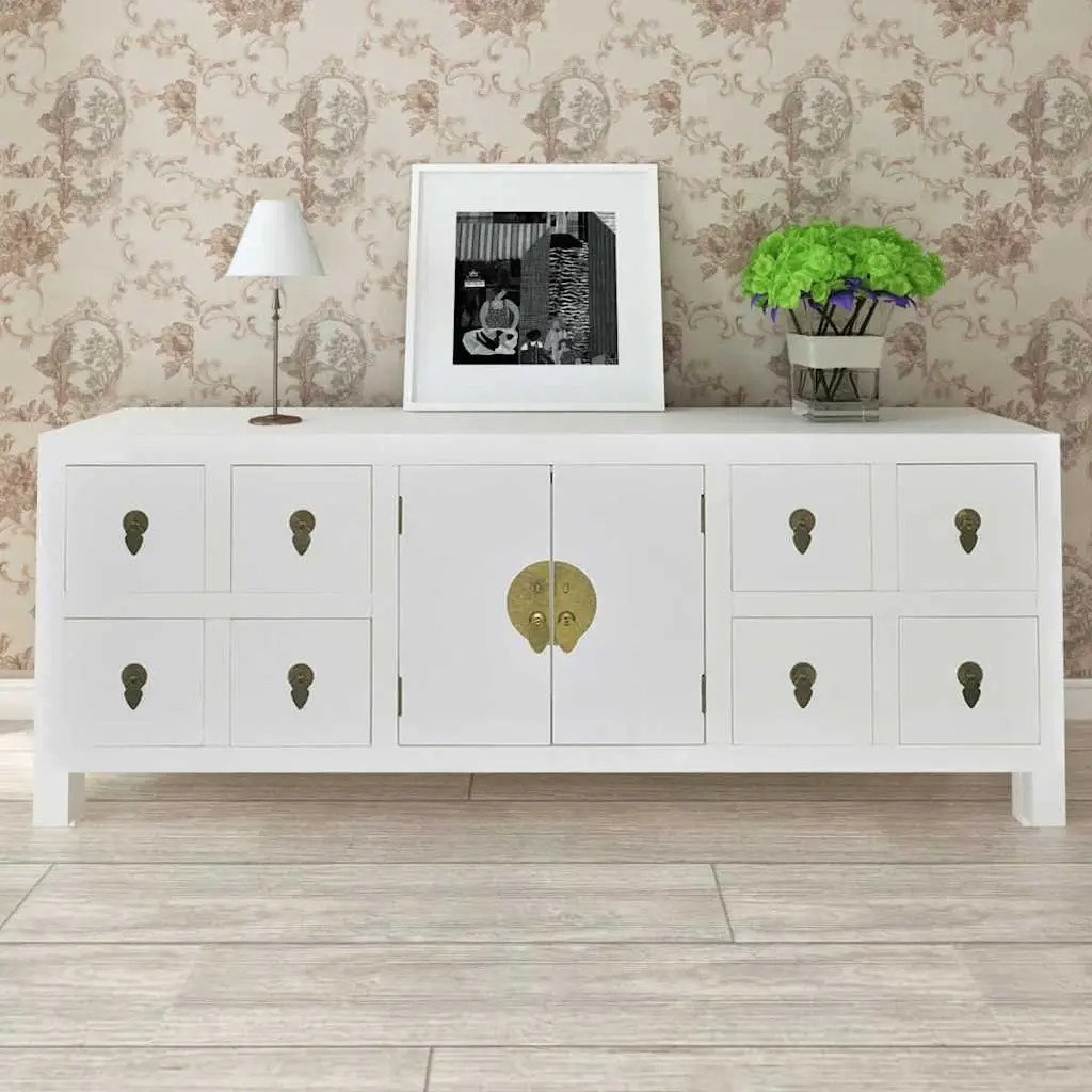 Wooden Sideboard White Asian Style Storage Cabinet with 8 Drawers 2 Doors