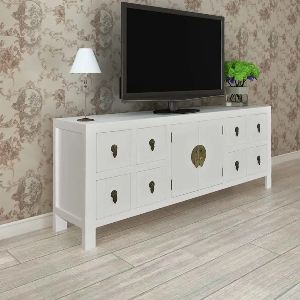 Wooden Sideboard White Asian Style Storage Cabinet with 8 Drawers 2 Doors