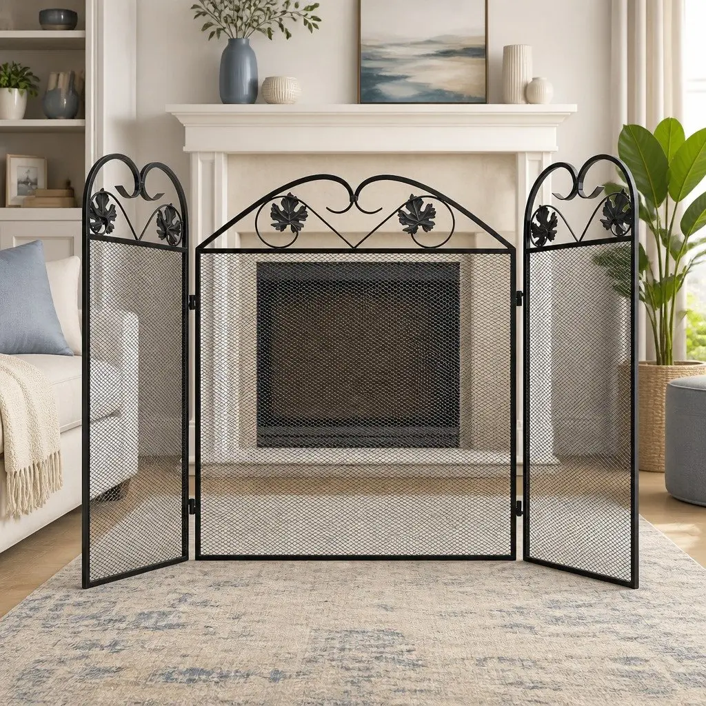 3-Panel Black Fireplace Screen with Safety Barrier