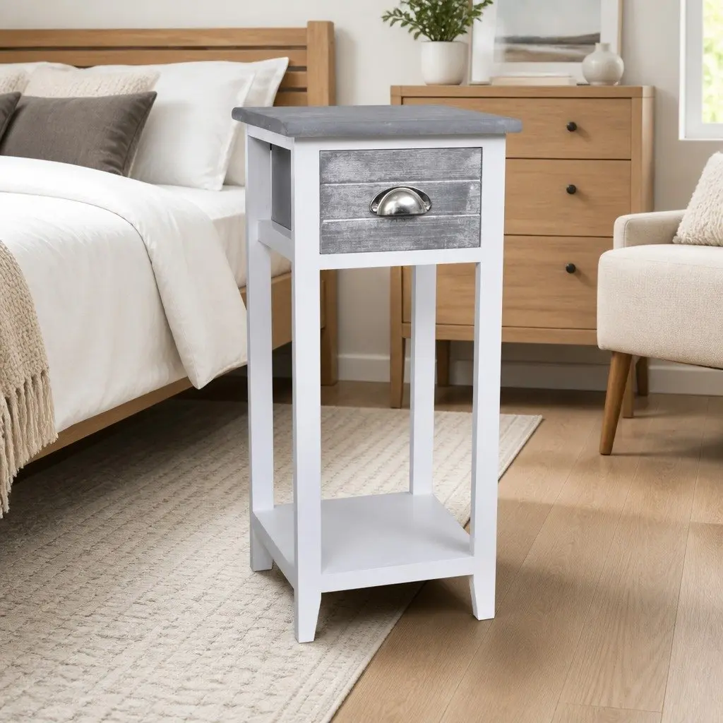 Grey White Bedside Table with Drawer and Shelf