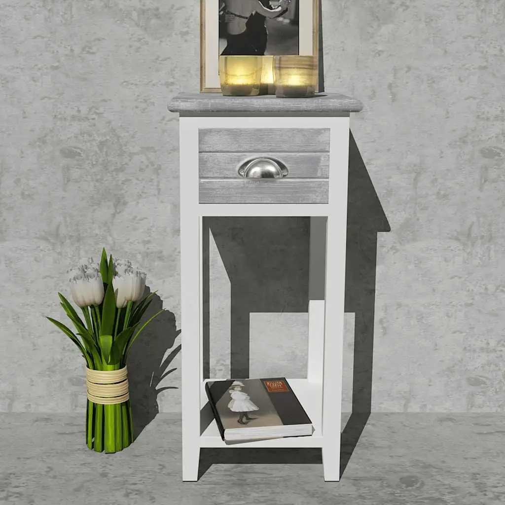 Grey White Bedside Table with Drawer and Shelf