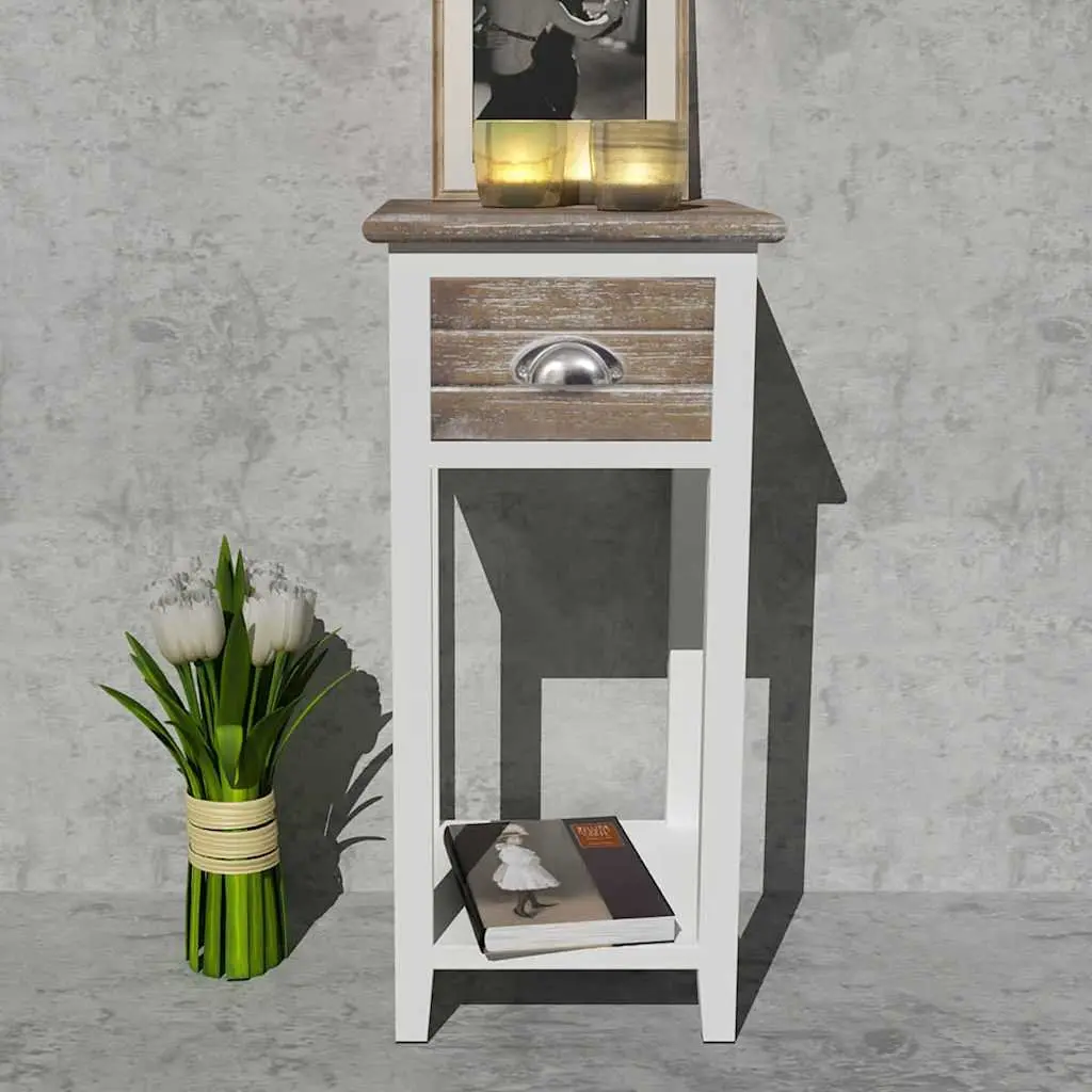 Brown and White Bedside Table with Drawer