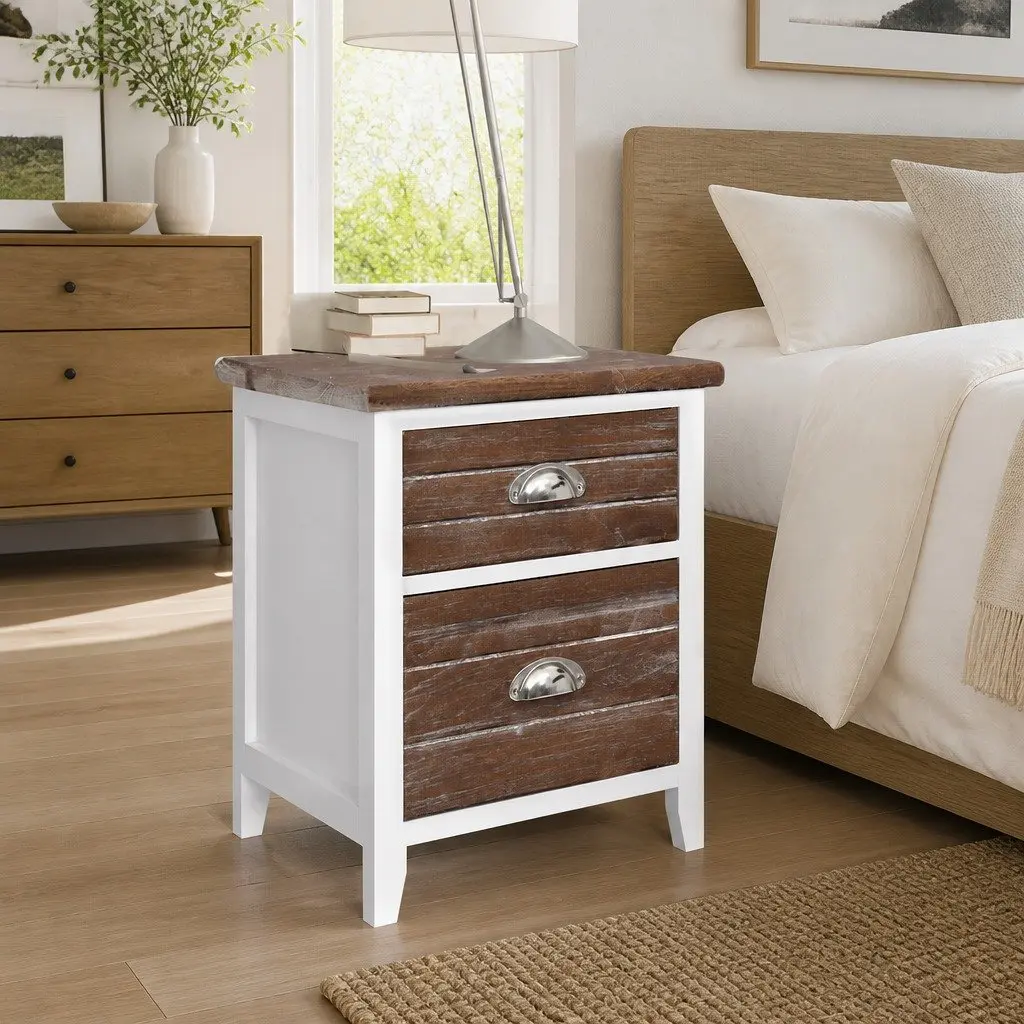 Brown and White Nightstand Cabinets with 2 Drawers
