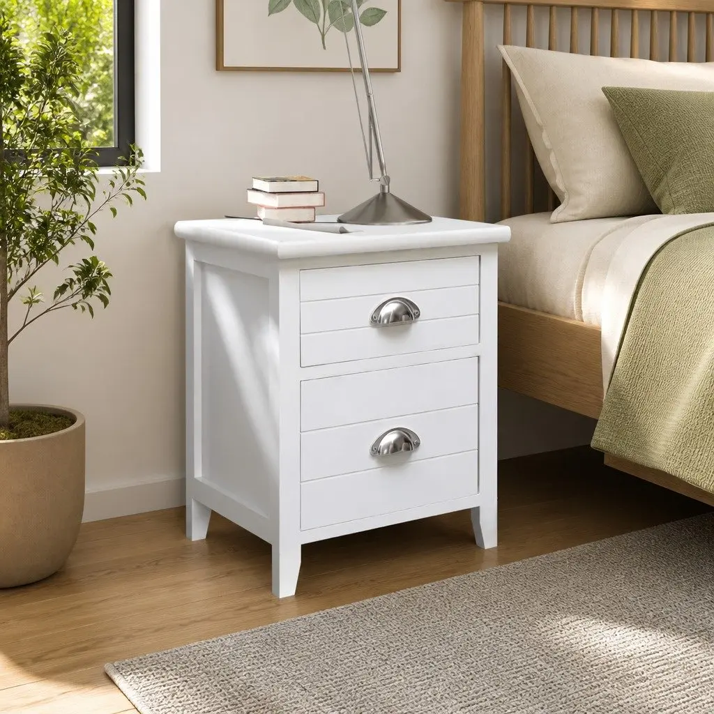 Bedside Tables Plywood and Paulownia Wood White Set of 2 Nightstands with Drawers Storage