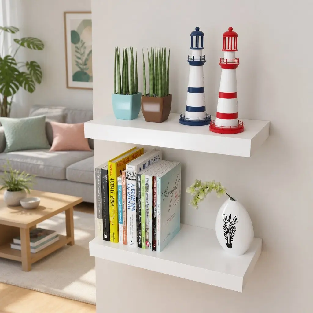 Floating Wall Shelves MDF White Set of 2