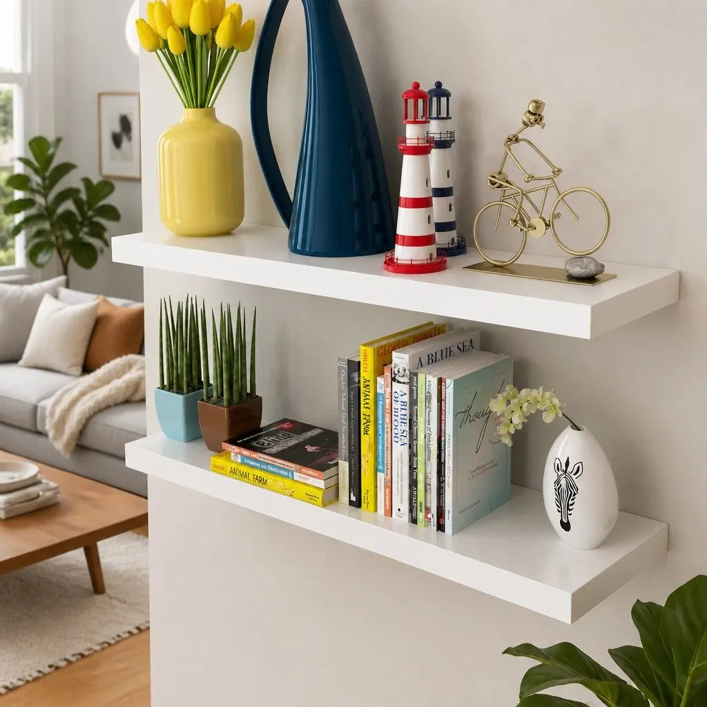 Set of 2 Floating White MDF Wall Display Shelves