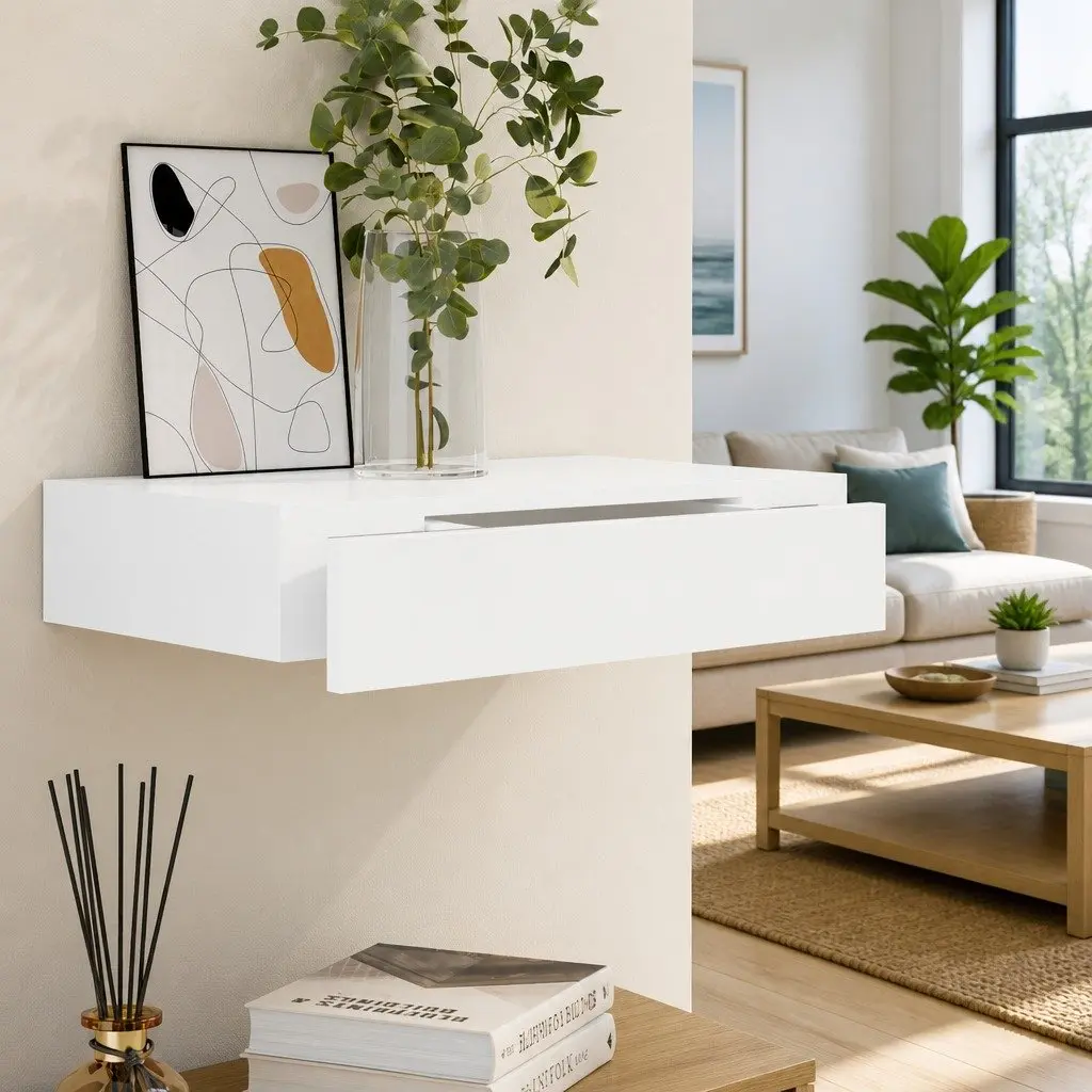 White Floating Wall Shelf with Drawer for Storage