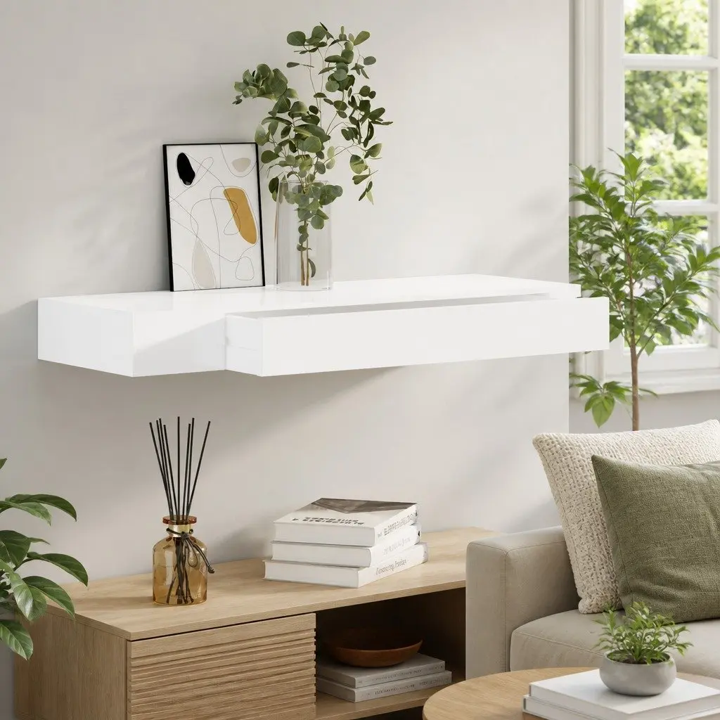 White Wall Shelf with Integrated Drawer for Storage