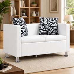 White Modern 2-Seater Sofa with Padded Cushions