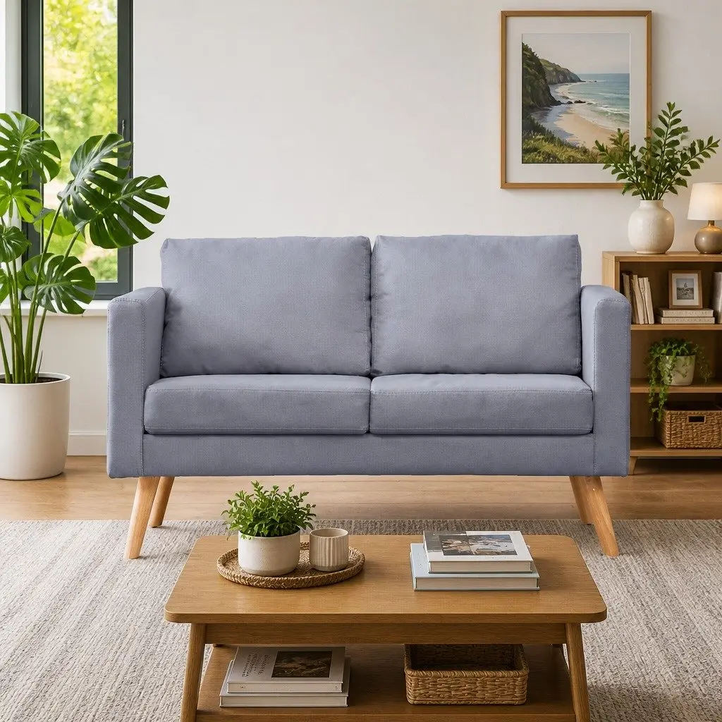 Grey Fabric 2-Seater Sofa with Padded Cushions