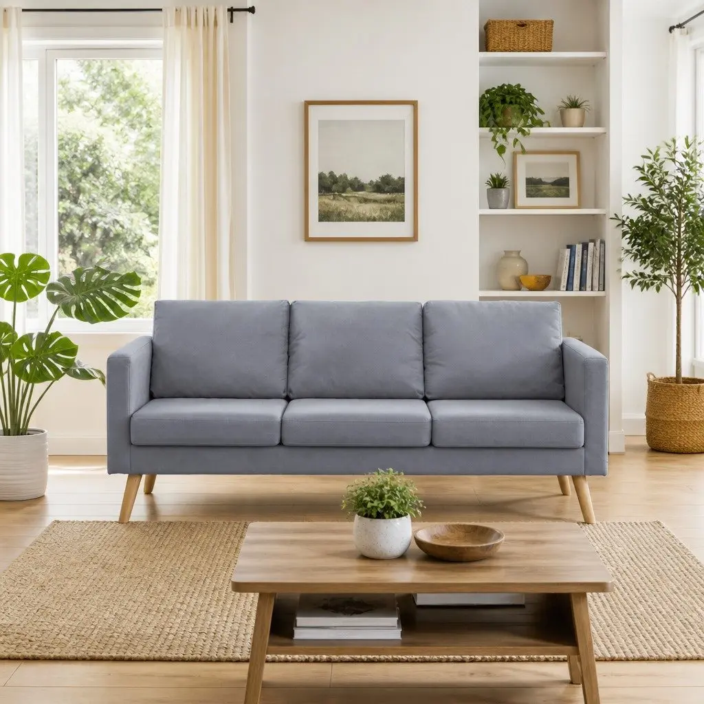 3-Seater Sofa Fabric Grey Removable Cushions