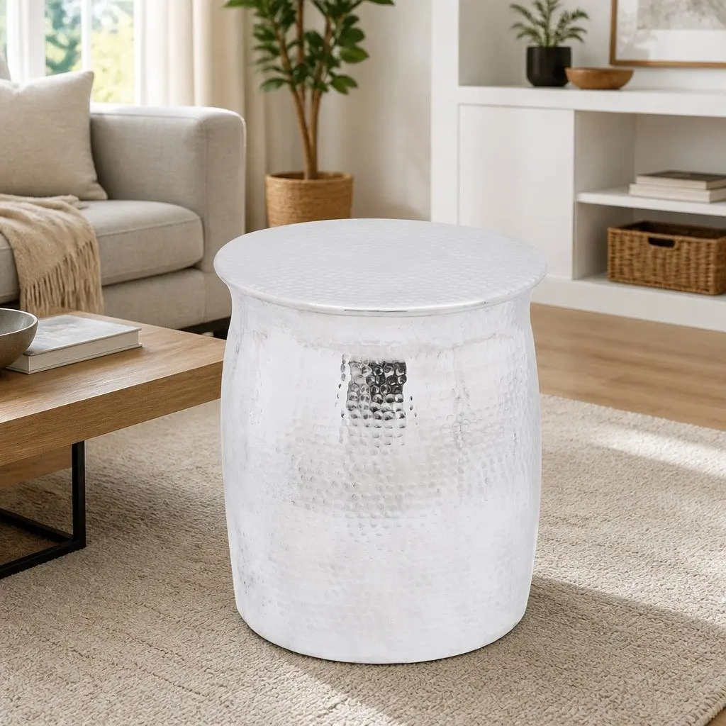 Hammered Aluminium Stool Side Table in Silver