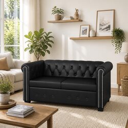 2-Seater Chesterfield Sofa Black Tufted Studded Curved Arms Artificial Leather