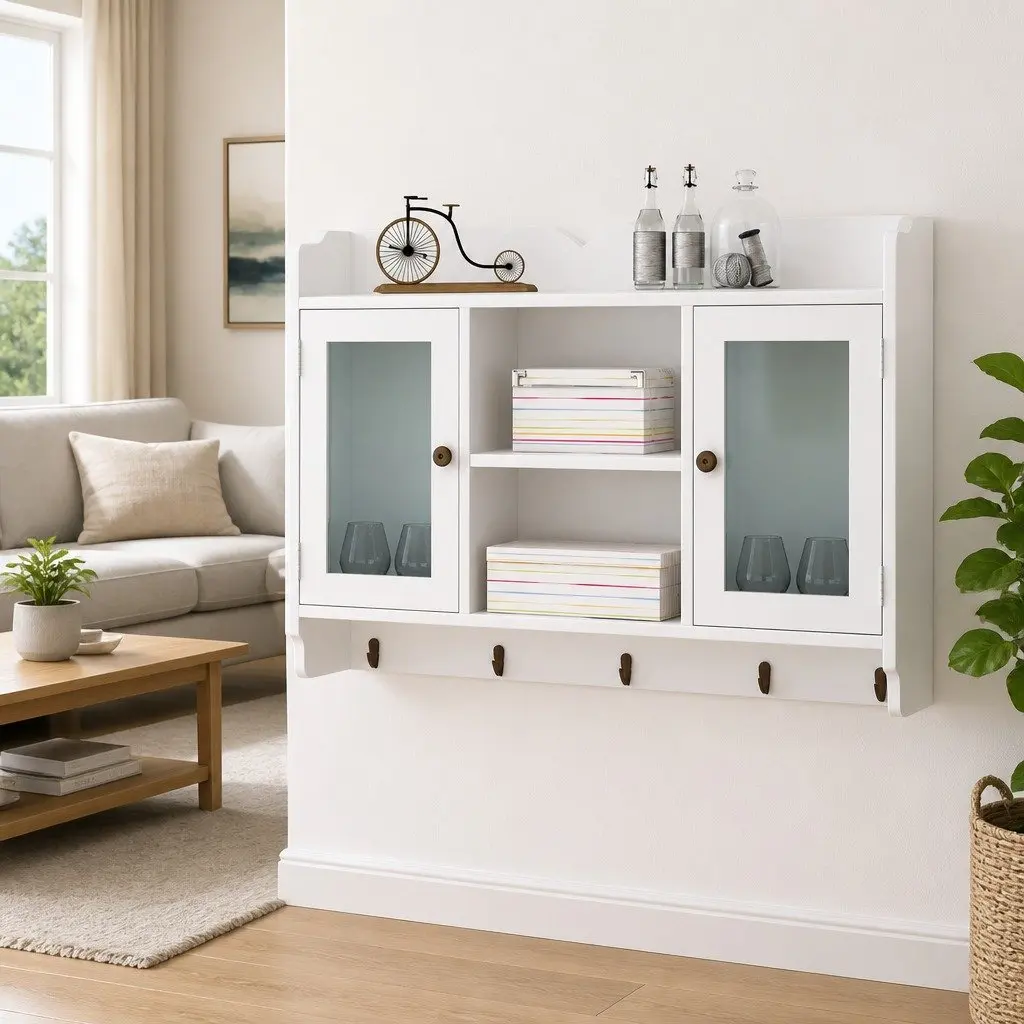 Wall Display Cabinet MDF White 2 Glass Doors 4 Hooks