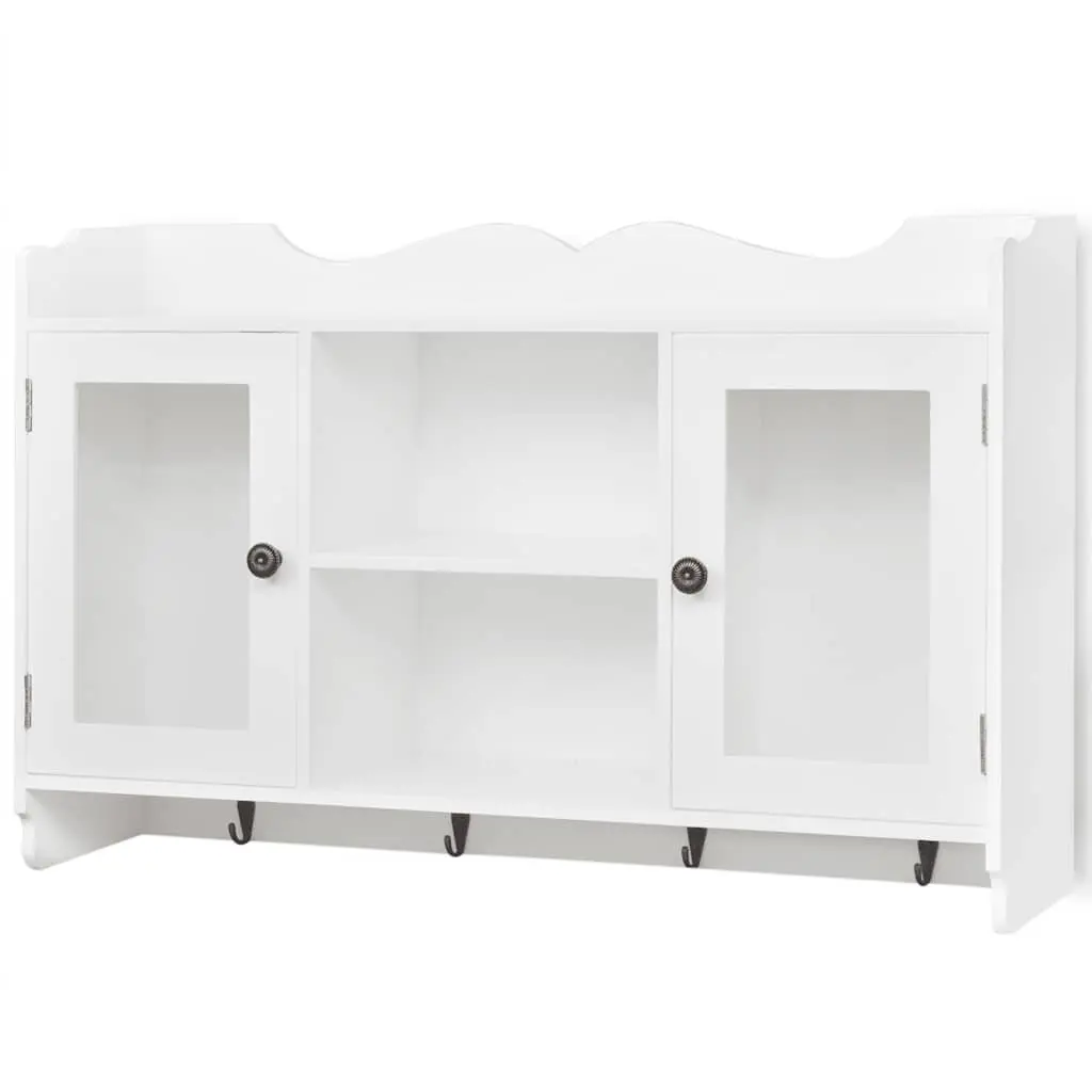 Wall Display Cabinet MDF White 2 Glass Doors 4 Hooks