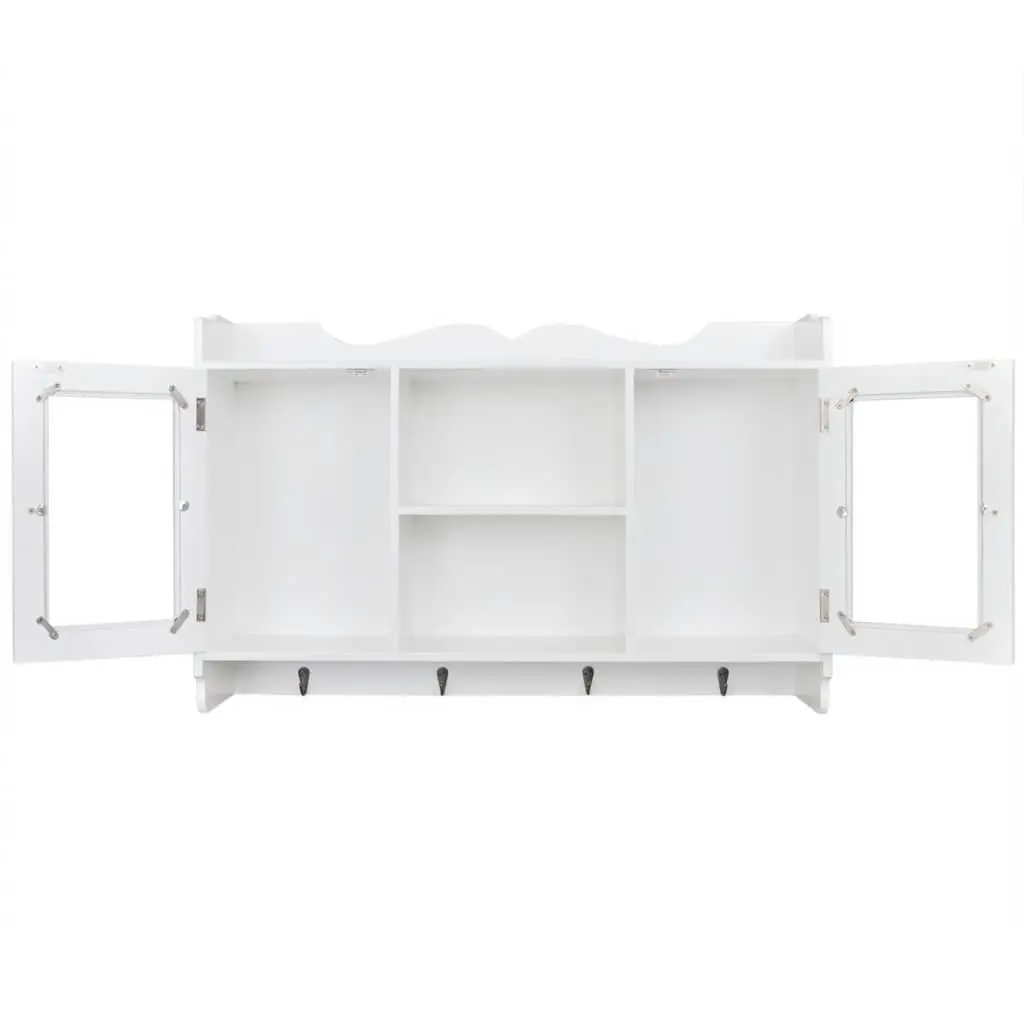 Wall Display Cabinet MDF White 2 Glass Doors 4 Hooks