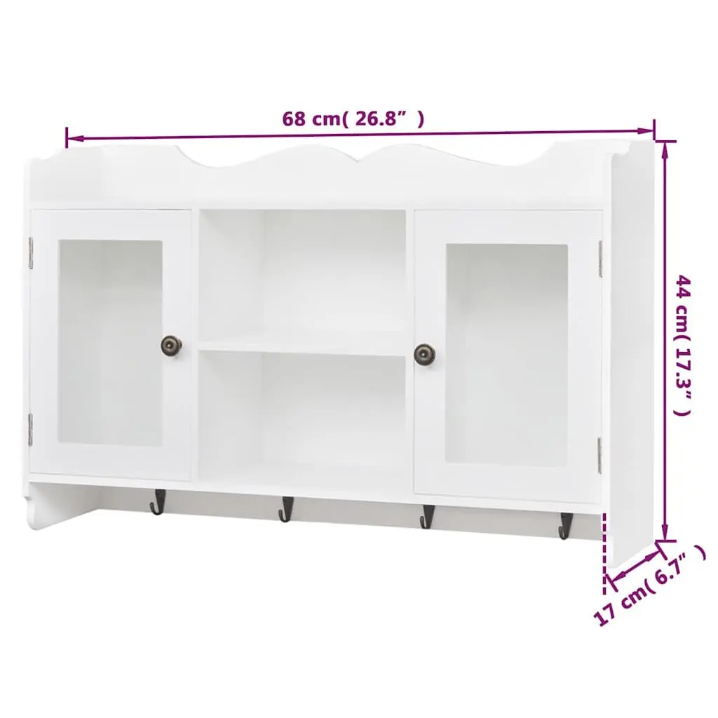 Wall Display Cabinet MDF White 2 Glass Doors 4 Hooks