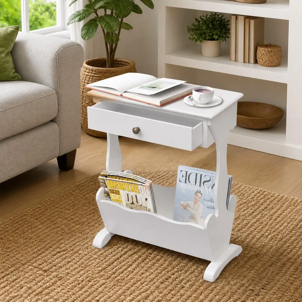 Magazine Rack White with Drawer Storage Cabinet Side Table