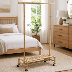 Bamboo Clothes Rack Garment Storage Organiser with Shelf Castors Brown