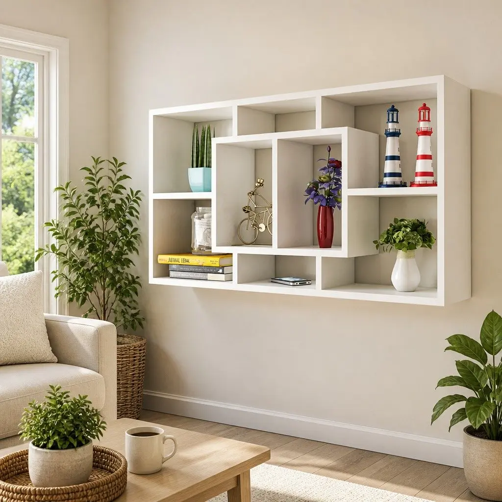 White Wall Display Shelf with 8 Compartments