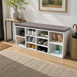 Elegant White Shoe Storage Bench with 10 Compartments