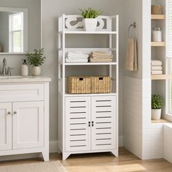 Elegant White Wooden Floor Standing Bathroom Cabinet