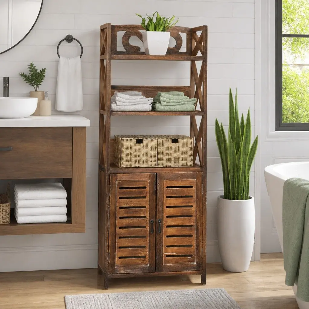 Bathroom Cabinet Wood Floor Standing 46x24x117.5cm Brown
