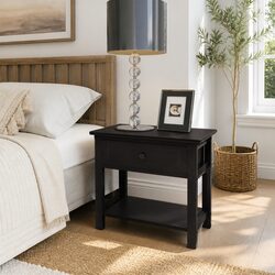 Stylish Black Wooden Nightstand with Smooth Drawer and Shelf