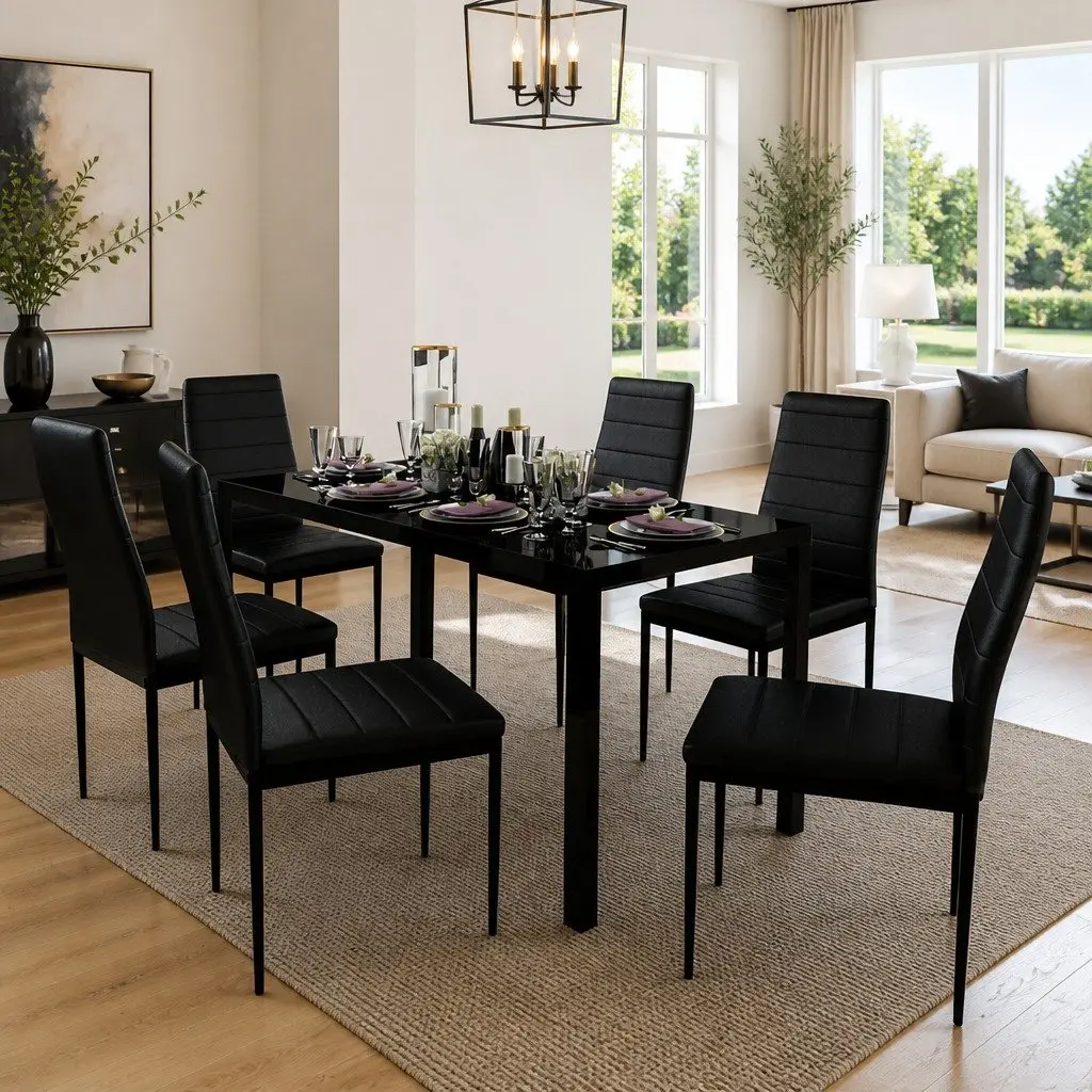 7 Piece Black Dining Set with Glass Table