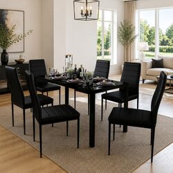 Black Dining Table Set 7 Piece Modern Kitchen Furniture Glass Table with 6