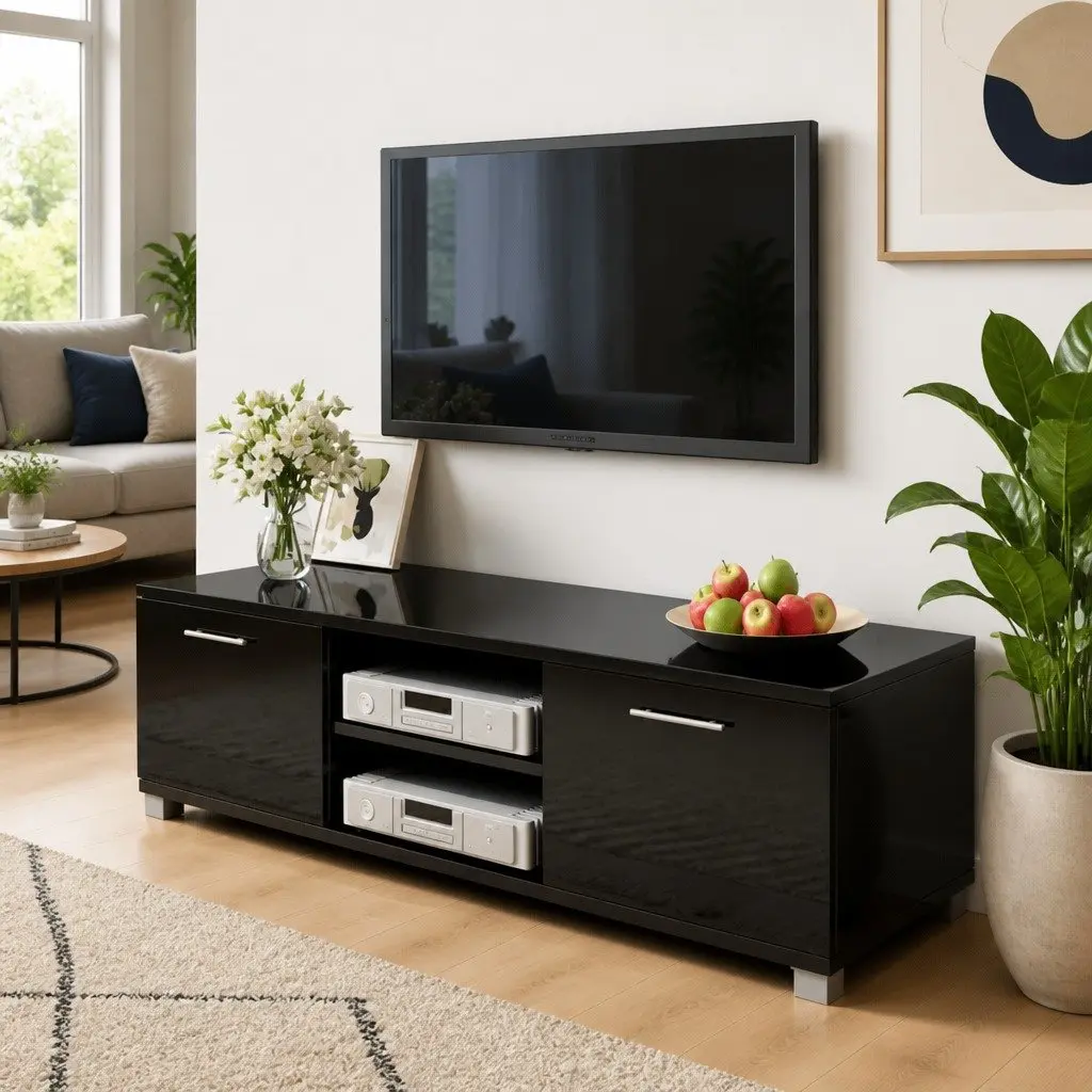 High-Gloss Black Modern TV Cabinet for Storage
