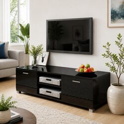 Modern High-Gloss Black TV Cabinet with Storage