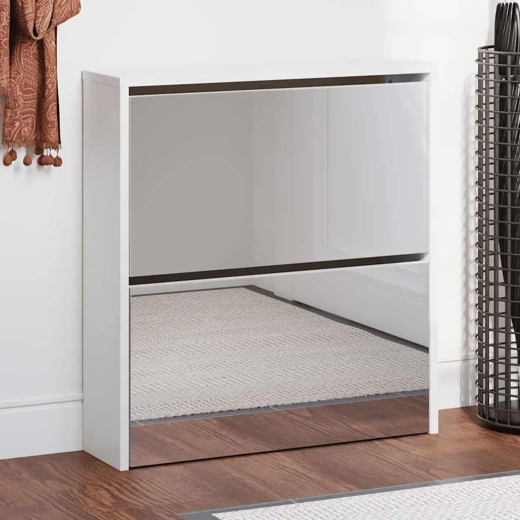 Shoe Cabinet Mirrored White 2-Layer Wall-Mounted Storage Organiser 63cm W x 17cm D x 67cm H