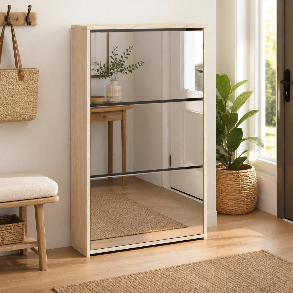 Shoe Cabinet 3-Layer Mirror Oak Wall Mounted Shoe Rack Storage Organiser Hallway