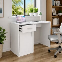 Sturdy White Desk with Drawer and Cabinet for Modern Offices