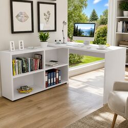 Stylish White Corner Desk with 4-Shelf Bookcase