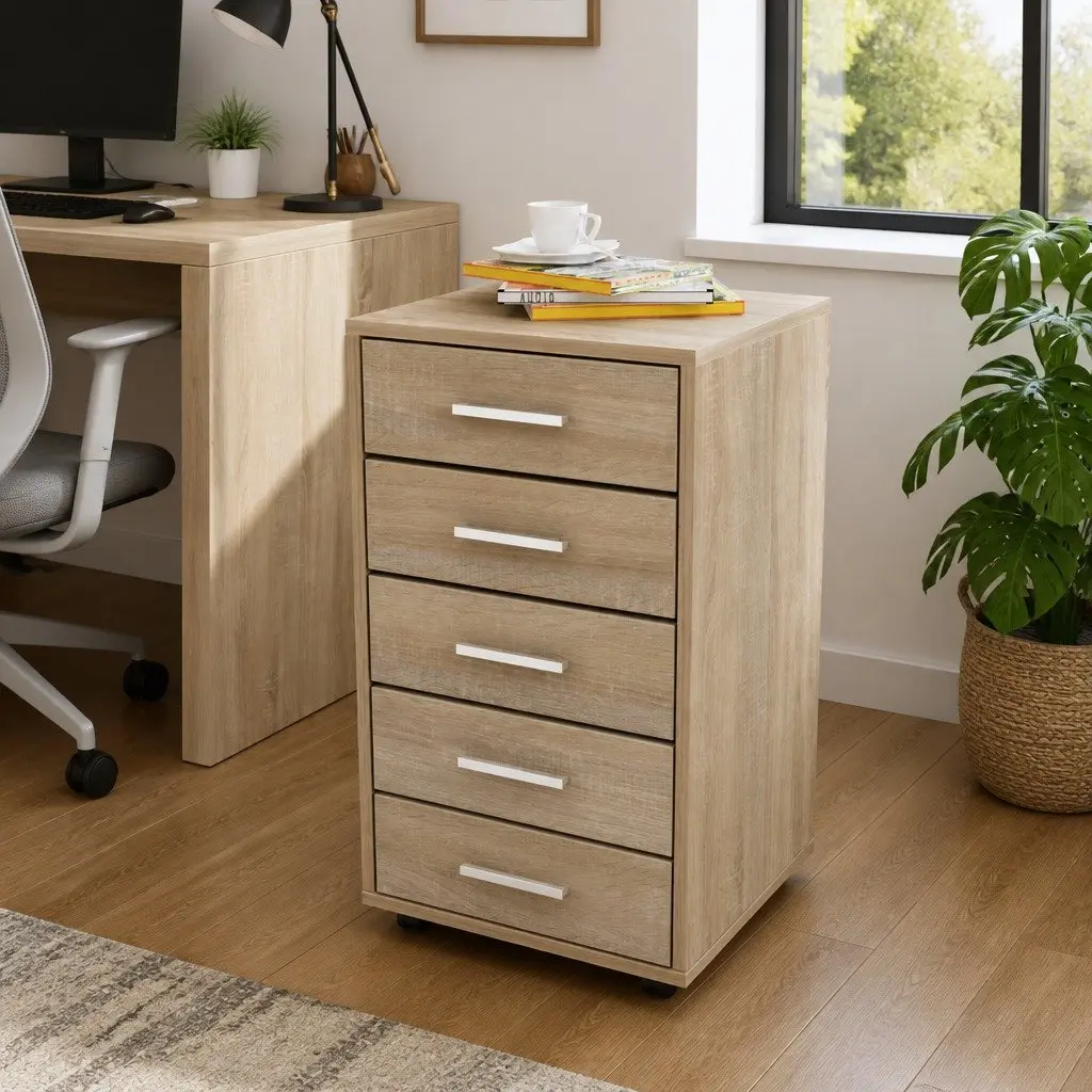 Office Drawer Unit with Castors 5 Drawers Storage Cabinet Wheels Brown