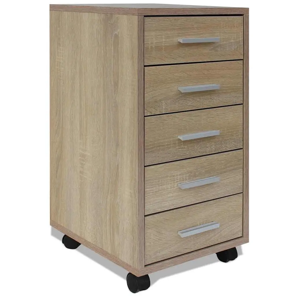 Office Drawer Unit with Castors 5 Drawers Storage Cabinet Wheels Brown