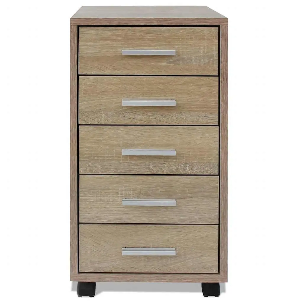 Office Drawer Unit with Castors 5 Drawers Storage Cabinet Wheels Brown