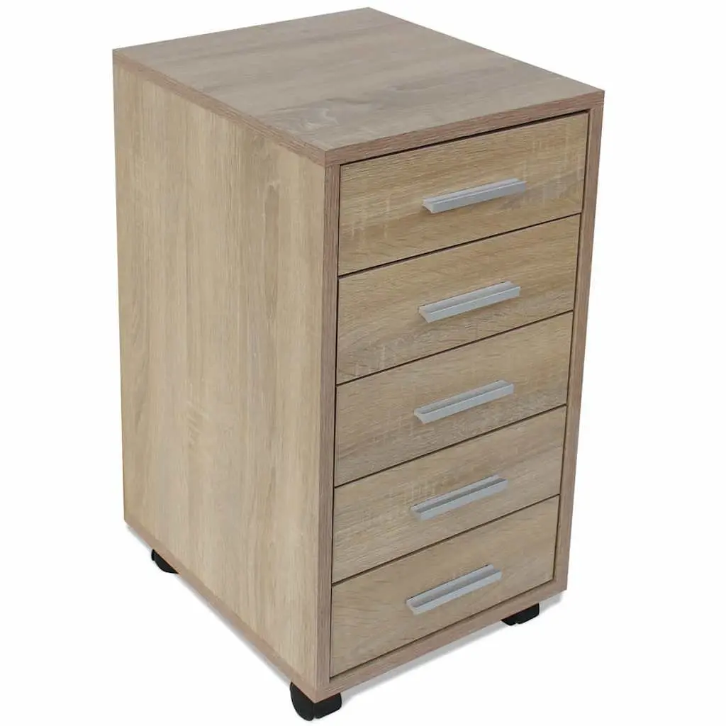 Office Drawer Unit with Castors 5 Drawers Storage Cabinet Wheels Brown