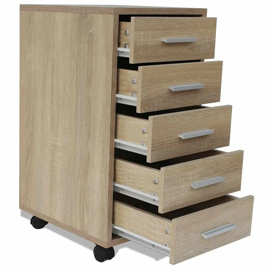 Office Drawer Unit with Castors 5 Drawers Storage Cabinet Wheels Brown