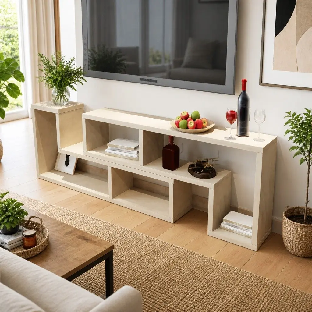 Brown TV Cabinet with L-Shaped Shelves