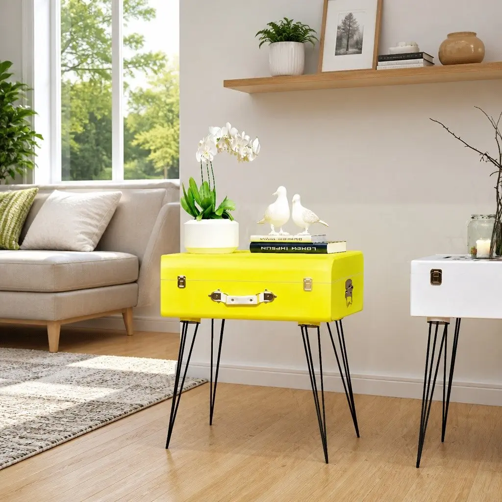 Yellow Vintage Suitcase Style Bedside Table Storage