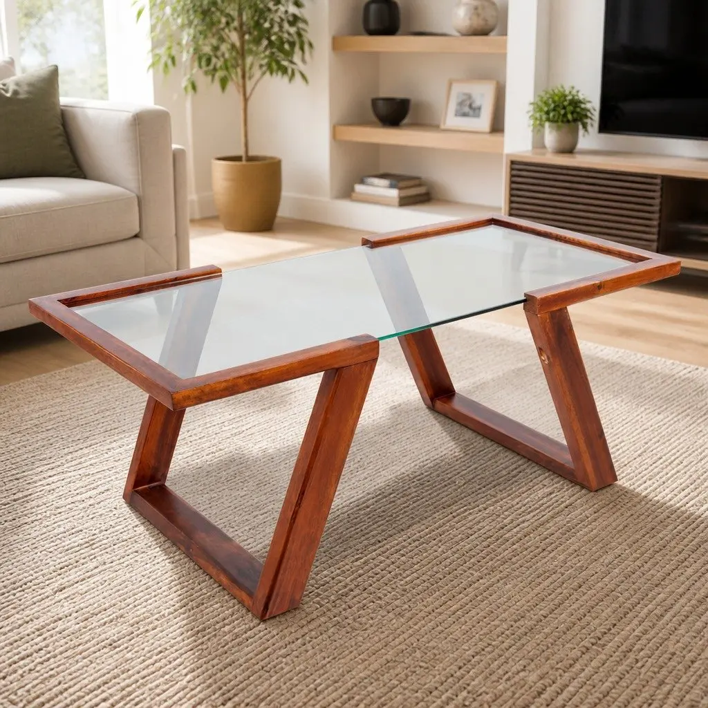 Coffee Table with Glass Top and Solid Wood Base